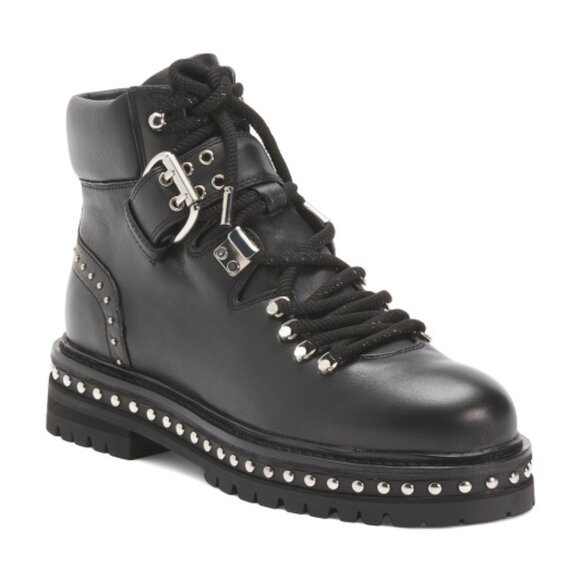 NEW LOLA CRUZ   Leather lace up studded moto Booties in black for women 725 10j5 - Picture 1 of 4